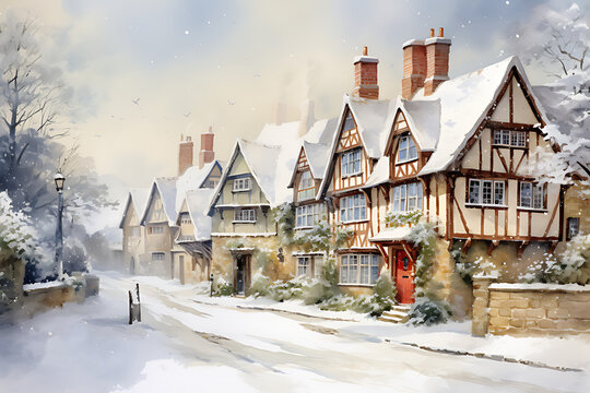 Watercolor painting realistic The atmosphere of houses with snow falling on Christmas Day.