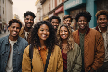 Fototapeta premium Multiethnic group of happy friends in the street