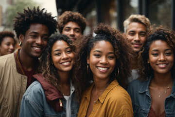Multiethnic group of happy friends in the street