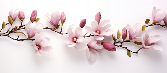 Brunch on a white background surrounded by beautiful magnolia blossoms