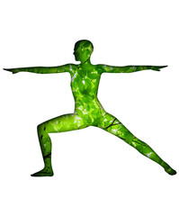 Yoga postures with green leaf print, nature effect.
This image is part of a set of 50 yoga poses perfect for creating beautiful designs, for your website, social networks, products, etc.