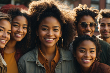 Multiethnic group of happy friends in the street