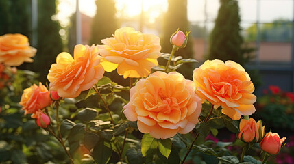  a group of orange flowers in a garden with the sun shining through the windows.  generative ai