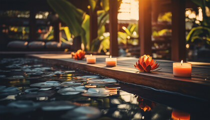 Photograph with lit candles, on the wooden floor of an oriental zen spa. Spiritual and tranquil atmosphere, yoga meditation and shiatsu center. Advertisement for spa with thermal waters - obrazy, fototapety, plakaty