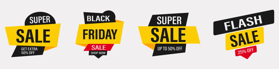 Sale tags set. Super sale, black friday, flash sale. Vector illustration