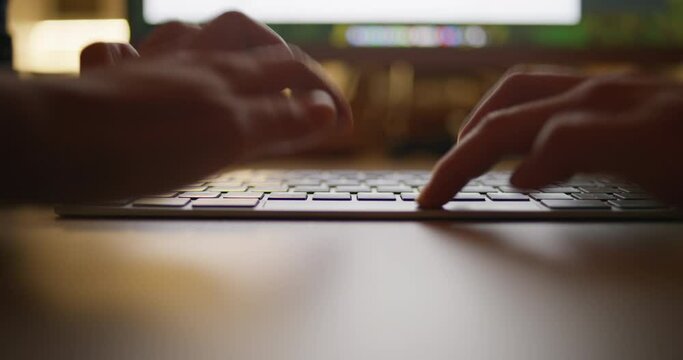 Typing On Computer Keyboard Late Office Working Business Corporate