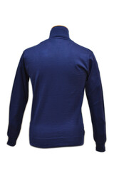 Mannequin wearing a blue merino wool sweater with a high neck on an isolated background.  Back  view