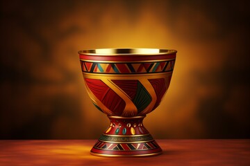 Kikombe cha Umoja Unity Cup for Kwanza, gilded with geometric patterns on an orange surface against a blurred dark yellow background