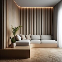 A sleek and modern corner sofa sits in a minimalist living room, surrounded by wooden paneling on the walls and ceiling. The clean lines and neutral colors create a serene and inviting space.