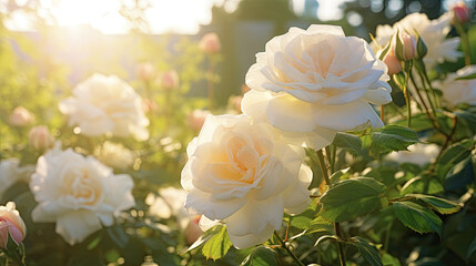  a bunch of white roses in a field with the sun behind them.  generative ai