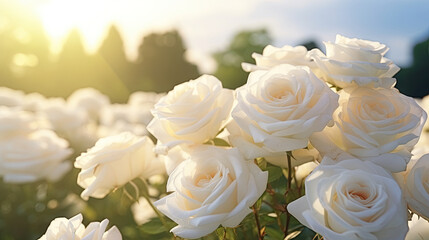 Obraz na płótnie Canvas a field full of white roses with the sun shining through them. generative ai