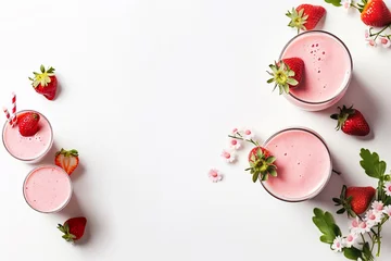 Selbstklebende Fototapeten  Glasses of strawberry milkshake and ingredients on white background, top view , copy space text © Valentin