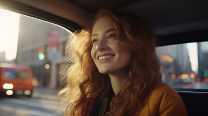 City Gaze: Joyful Young Woman Smiling from a Taxi's Backseat, Embracing the Urban View.
