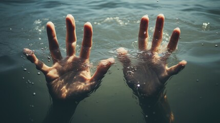 HANDS UNDERWATER!, Drowning, Water, Danger, Help call, Request, Urgency, Emergency. Two hands with open palms underwater as a symbol of peril and immediate call for help. - obrazy, fototapety, plakaty