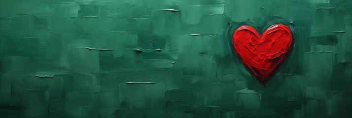 Banner. Abstrakte Ölmalerei. Rotes Herz isoliert auf grüner Leinwand mit viel Platz für Text. Liebe und Valentinstag Konzept