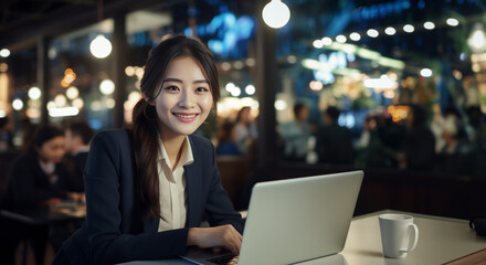 Fototapeta premium A cheerful young woman diligently typing on her laptop in a contemporary office at night, surrounded by a shimmering sea of bokeh lights. Generative AI.