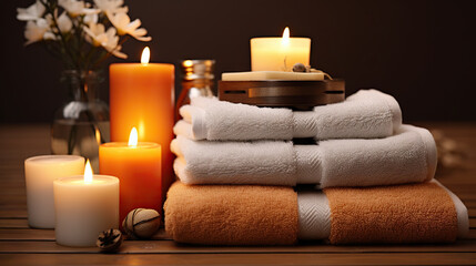  a stack of towels sitting next to a candle on a table.  generative ai