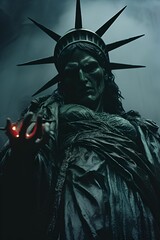 AI generated illustration of the evil statue of Liberty in the dark - obrazy, fototapety, plakaty
