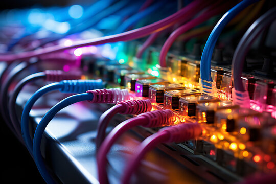 Network cables and lights in server rack providing data connectivity