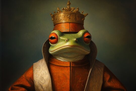 Toad, Frog, 3D Portrait, Ironic, King, Queen, Emperor, Medieval, Renaissance. MEDIEVAL TOAD RULER. A portrait of an authoritative red-eyed toad dressed up as a king in perfect renaissance style.