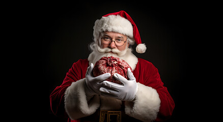Santa clause holds a bag of presents with his gloved hands, in the style of photo taken with provia, emotive body language, expressive facial features, emphasis on facial expression