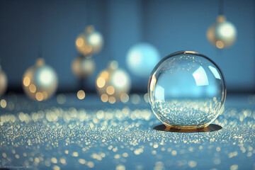 Fototapeta na wymiar Empty glass ball on the snow 3d illustration, christmas transparent ornament on blue background
