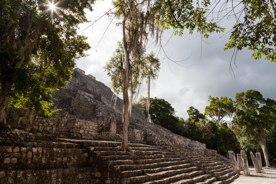 Maya Temple at Calakmul Biosphere Reserve, Campeche, Mexico. Temple steps at bottom in mystic light.