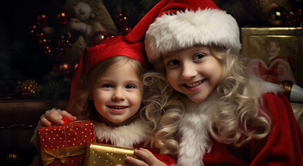 Fototapeta na wymiar two little girls receiving gift from Santa wearing Christmas cap, in the style of photo - realistic techniques, 32k uhd, photo - realistic hyperbole, luminous portraits, realistic, 8k