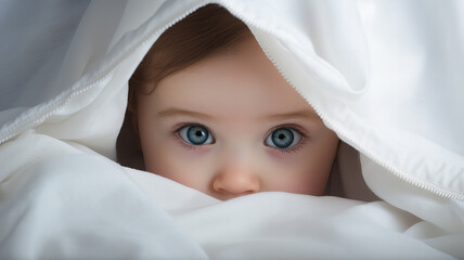 Curious child peeking out of a wrapped quilt. Generative  AI - obrazy, fototapety, plakaty