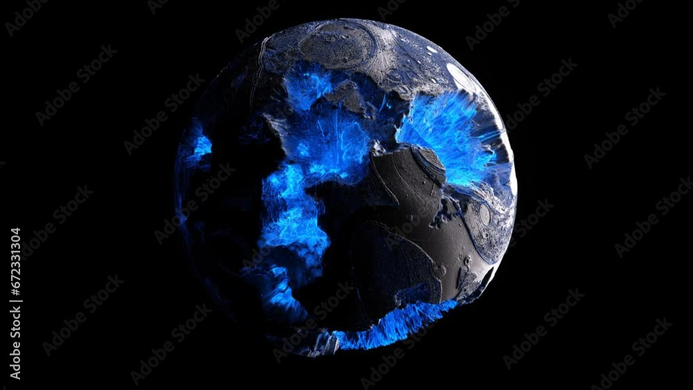 Wall mural 3d render video animation of abstract damaged 3d planet earth , moon or asteroid in spherical shape 