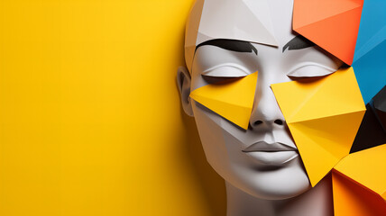 Face with origami patterns on multicolored background sybolizing multiculturalism, equality, diversity. Generative AI