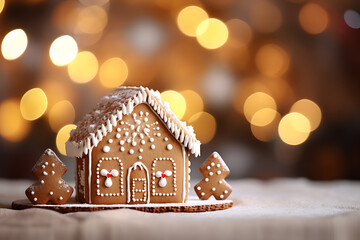 Beautiful and cozy Christmas background. Close up of gingerbread houses on table over lights blurred backdrop.