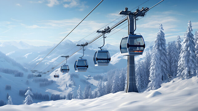Mountain lift, cable chairlift transport, Ski lift, winter landscape, snow mountains, Winter vacation, alpine landscape, activity, Winter resort concept