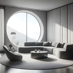 A sleek, curved gray sofa and armchair sit against a floor-to-ceiling window, inviting natural light to illuminate the minimalist interior design of a modern living room.