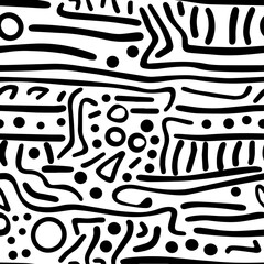 black and white seamless pattern with doodle bold lines