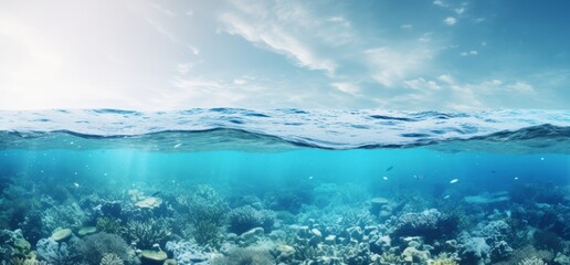Fototapeta premium Water, Clear waters, Seabed, Sky, Sea pattern, Wallpaper, Background, Sunny. The Beauty And Clarity Of The Waters In One Image. Seabed. White clouds inspiring peace and serenity. Relaxing image.