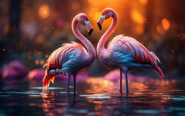 Fototapeta premium Two flamingos in the water on the background of the night sky