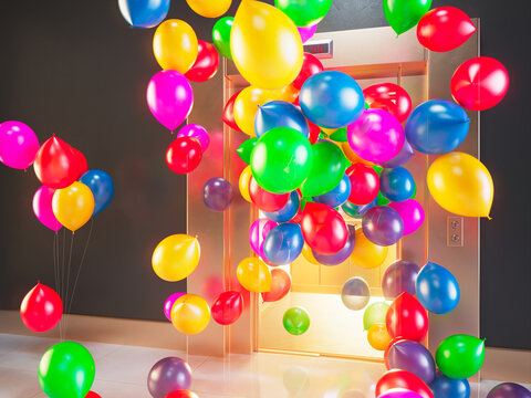 A Surreal Scene of Colorful Balloons Emerging from an Elevator Door. Birthday