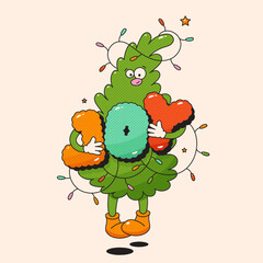 Christmas groovy mascot tree character with letters Joy and garland.