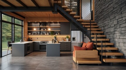 Modern open concept home interior kitchen with floating stairs and grey slate floors beamed ceiling...