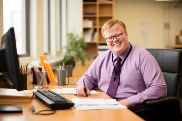 A person with Down syndrome in an office setting, exuding happiness - obrazy, fototapety, plakaty