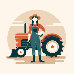 Agrarian Art: Flat Design of Farmer and Tractor Scene