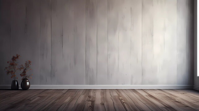 a empty room with a wooden wall and a window in the corner of the room with a wooden floor