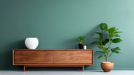 a green wall with a wooden cabinet and a plant in a pot and a hanging planter on the wall - obrazy, fototapety, plakaty