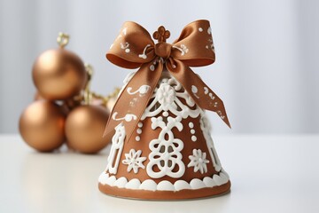 Gingerbread bell ornament adorned with white icing and brown bow. Winter celebrations. Traditional Christmas and 2024 New Year's baking. Design for holiday banner, festive culinary poster, or backdrop