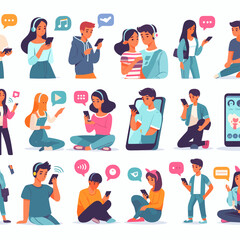 Mobile Millennials: Cartoon Vector of Youth Navigating Smartphone Apps