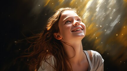 Girl smiling while looking up to. Joyful and optimistic, natural beauty.
