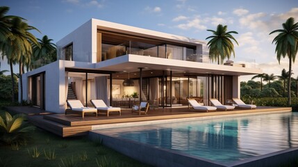 Modern villa with pool and deck with interior and exterior views 8k,