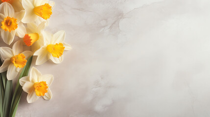 Naklejka na ściany i meble a bunch of yellow and white daffodils on a marble background. generative ai