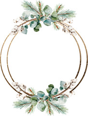 Watercolor winter greenery circle golden border frame, Christmas card circle template. Hand painted pine and fir tree branches, cotton. Winter Holiday. Template with space for text, greeting cards.